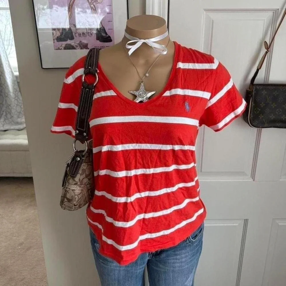 Y2K 2000s preppy Ralph Lauren polo pony red and white striped short sleeve top - Picture 7 of 7